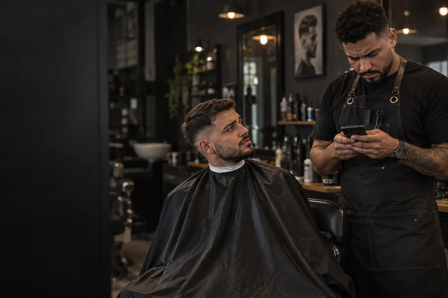 Barbeiro respondendo no celular enquanto o cliente espera na cadeira